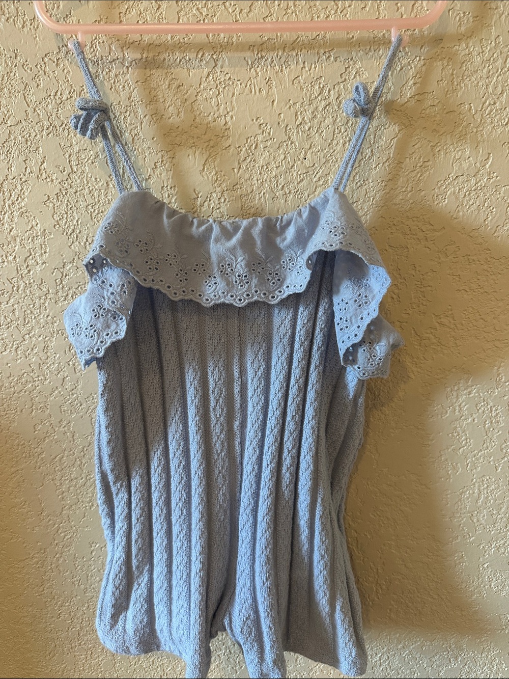 Zara Light Blue Eyelet Ruffle Knit Romper Bodysuit